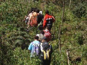 Embreados na trilha, rumo ao cume do Pico do Agudo.